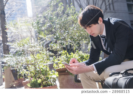 A man watching a smartphone on a bench A man watching a smartphone on a bench 28988515