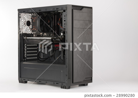 Open midi tower computer case on white background 28990280
