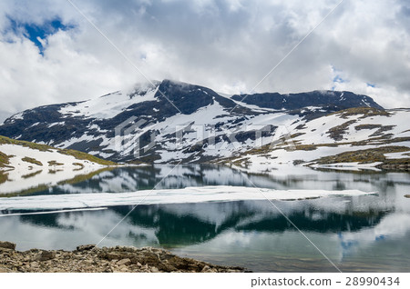 Mountain lake and snowy rocks, Norway 28990434