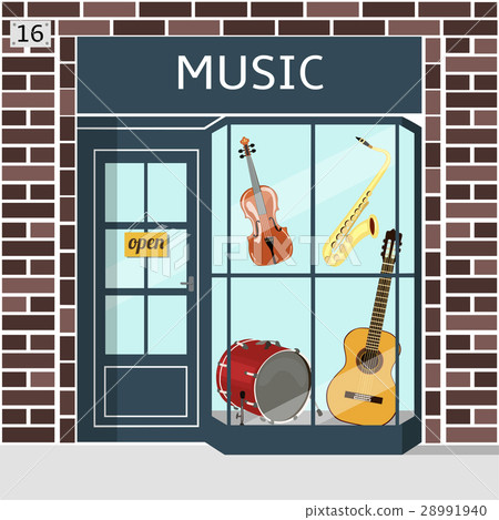 Music shop s building facade of brown brick. Music shop s building facade of brown brick. 28991940