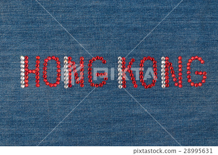 Inscription Hong Kong, inlaid rhinestones on denim Inscription Hong Kong, inlaid rhinestones on denim 28995631