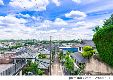 Blue sky with cloud flow and residential area Blue sky with cloud flow and residential area 29001494