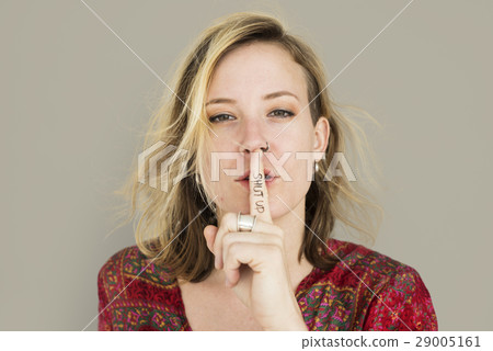Caucasian Lady Hand Gesture Shut Up 29005161