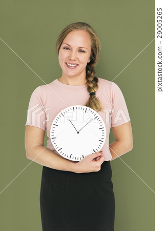 Caucasian Lady Holding Clock Concept Caucasian Lady Holding Clock Concept 29005265