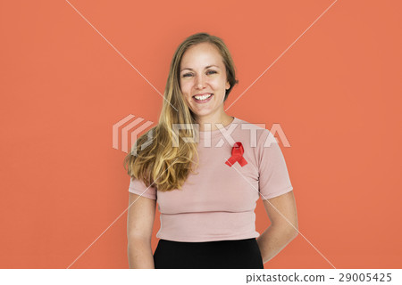 Woman Smiling Happiness Red Ribbon Charity Donation 29005425
