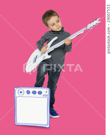 Caucasian Little Boy Playing Papercraft Guitar Caucasian Little Boy Playing Papercraft Guitar 29007553