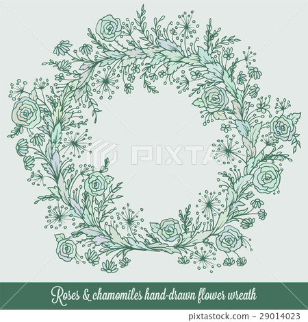 Laurel wreath frame with roses, chamomiles and 29014023