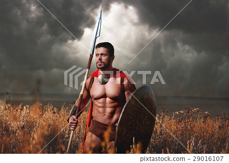 Muscular medieval warrior standing in the field Muscular medieval warrior standing in the field 29016107