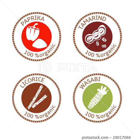 Set of flat spices stamp labels. 100 organic 29017066