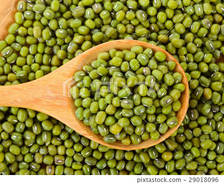 圖庫照片: green bean in wood spoon on white background