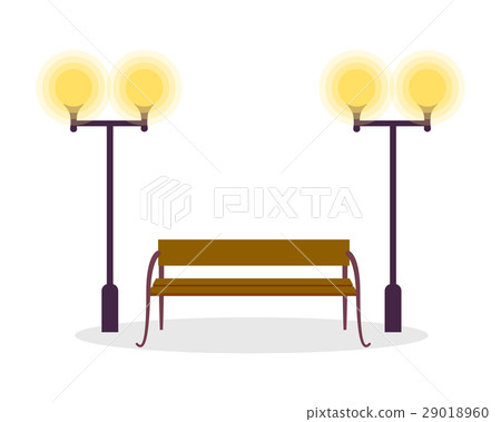 Wooden Standard Bench and Two Street Lamp Isolated 29018960