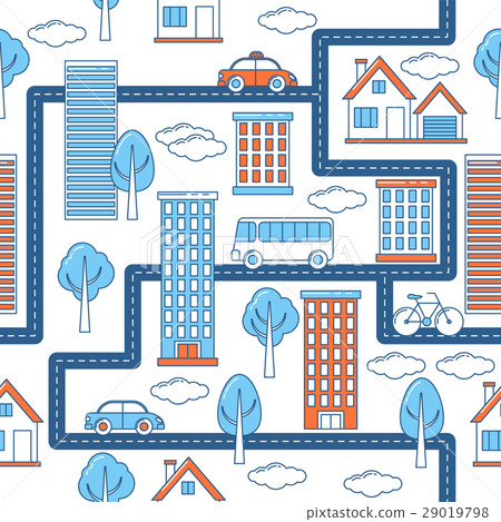 Buildings, vehicles, roads and trees pattern. 29019798