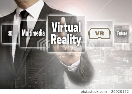 Virtual reality businessman with city background concept Virtual reality businessman with city background concept 29020152