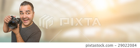 Goofy Hispanic Man with DSLR Camera Wide Banner with Room For Co Goofy Hispanic Man with DSLR Camera Wide Banner with Room For Co 29022084