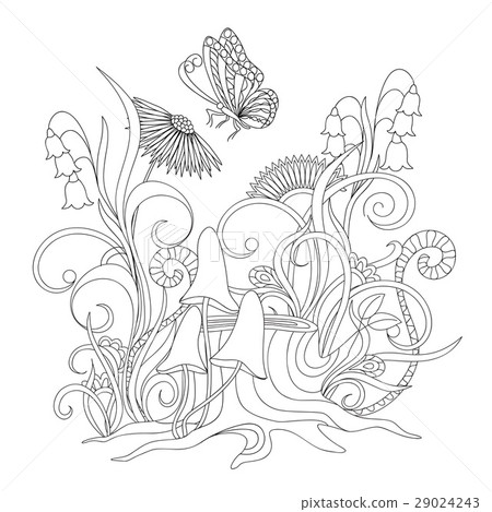 flowers, stump with roots and butterfly flowers, stump with roots and butterfly 29024243