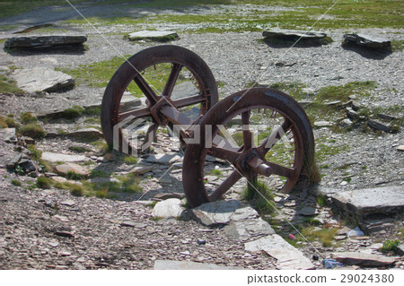 a pair of old disused metal mine train wheels a pair of old disused metal mine train wheels 29024380