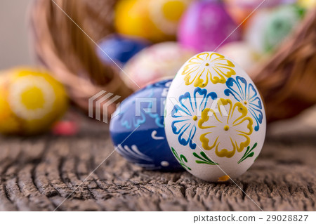 Easter. Hand made easter eggs on old wooden table. Easter. Hand made easter eggs on old wooden table. 29028827