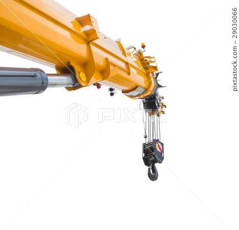 Yellow crane boom with hooks isolated on white Yellow crane boom with hooks isolated on white 29030066