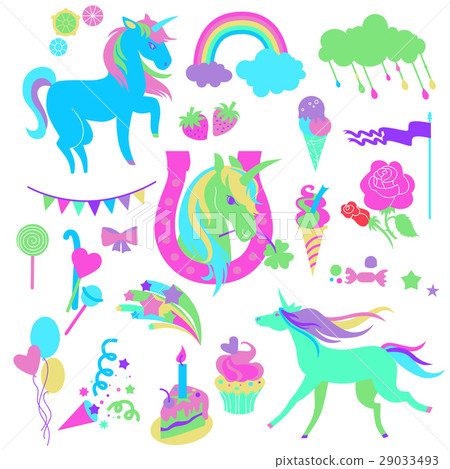 Blue unicorns with pink horseshoe and sweets on a 29033493