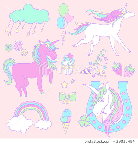 Pink and white unicorns with a purple green mane. Pink and white unicorns with a purple green mane. 29033494