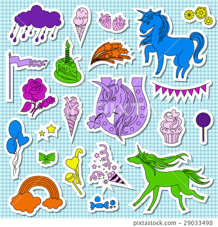 Violet, blue and green unicorns with sweets on Violet, blue and green unicorns with sweets on 29033498