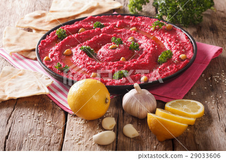 Hummus of chickpeas and beetroot and ingredients Hummus of chickpeas and beetroot and ingredients 29033606