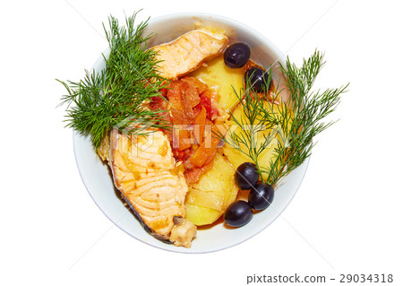 Fish dish with olives and fennel on a white background 29034318