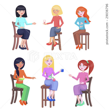 Young Women Seating on Chairs Flat Vector Set 29036796