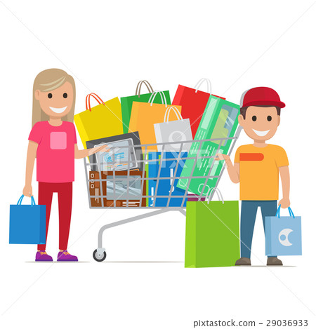 Big Shopping Day of Happy Couple. Cartoon people. 29036933