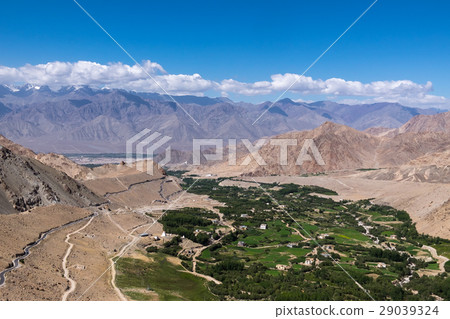 Leh city view from khardung La road with blue sky Leh city view from khardung La road with blue sky 29039324
