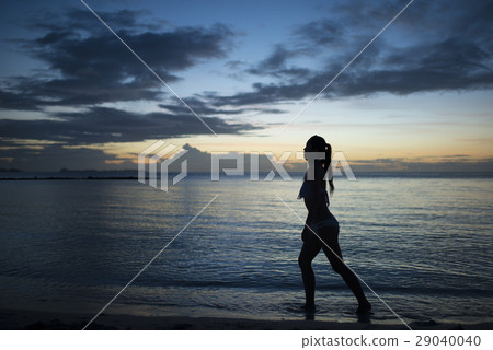 Dusk beach and female silhouette 29040040