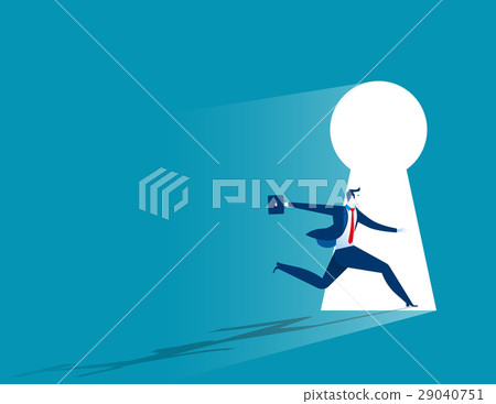 Businessman running to large keyhole 29040751