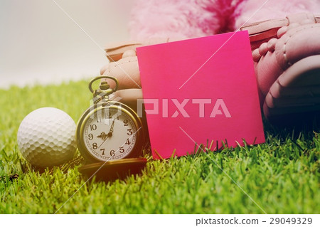golf ball , watch and blank note are on green gras golf ball , watch and blank note are on green gras 29049329