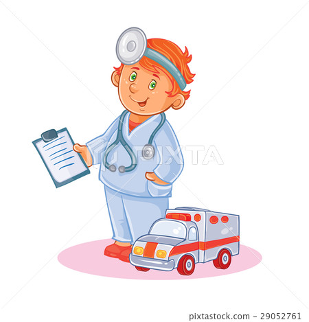 Set vector icons of small child doctor and his toy 29052761