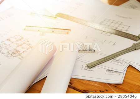 Blue print and measurement tool with sun flare 29054046