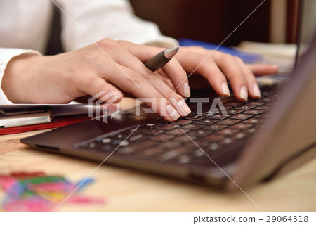 hand with pen typing on laptop 29064318