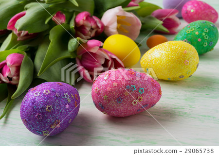 Easter background with glitter decorated eggs 29065738