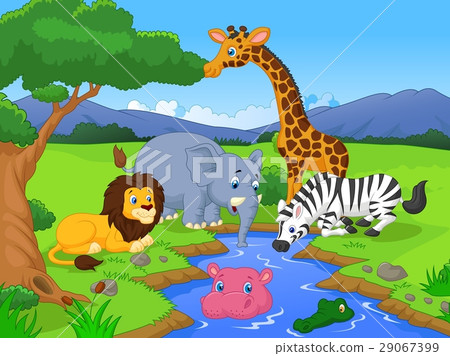 Cute African safari animal cartoon characters scen Cute African safari animal cartoon characters scen 29067399