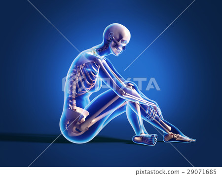 Woman sitting on floor, with bone skeleton. Woman sitting on floor, with bone skeleton. 29071685