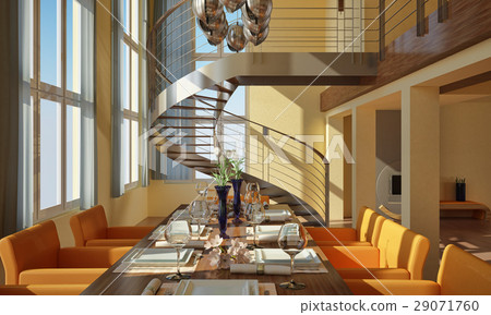 Modern dining room with wide windows and spiral staircase. Modern dining room with wide windows and spiral staircase. 29071760