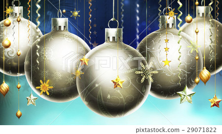 Christmass abstract blue background with big silver decorated balls in foreground. Christmass abstract blue background with big silver decorated balls in foreground. 29071822