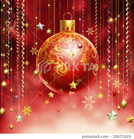 Christmass red abstract background with several decorations hanging down and a red decorated ball in the middle. 29071828