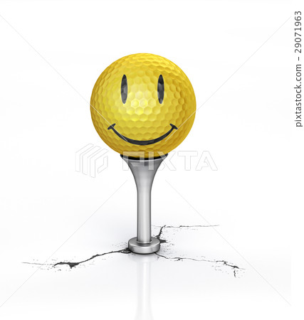 Yellow Golf ball with the texture of smile, placed on tee. Yellow Golf ball with the texture of smile, placed on tee. 29071963