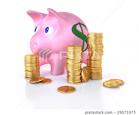 Piggy bank with some gold coins stacks around. 29071973
