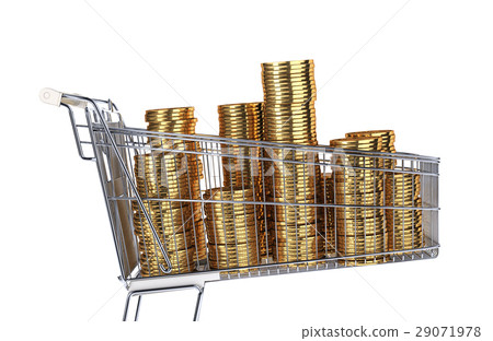 Supermarket trolley full of very big golden coins stacks. Supermarket trolley full of very big golden coins stacks. 29071978