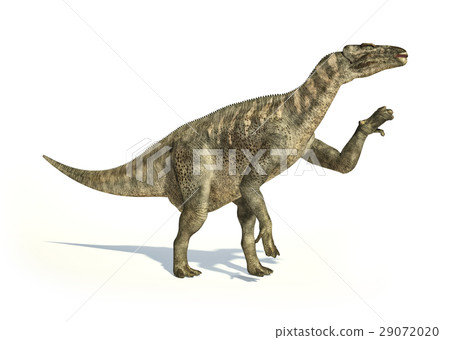 Iguanodon Dinosaur photorealistic representation, in dynamic posture. 29072020