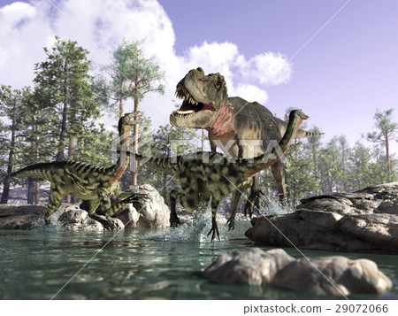 Photorealistic 3 D scene of a Tyrannosaurus Rex, hunting two Gallimimus. 29072066