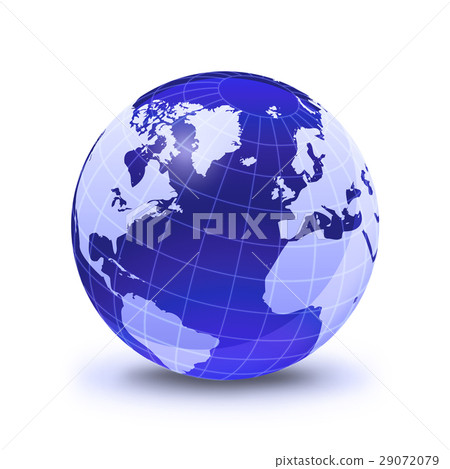 Earth globe stylized, in blue color, shiny and with white glowing grid. On white surface with dropped shadow. Atlantic Ocean view. Earth globe stylized, in blue color, shiny and with white glowing grid. On white surface with dropped shadow. Atlantic Ocean view. 29072079