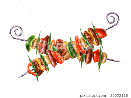 Two crossed skewers kebab with mixed mest and vegetables. Two crossed skewers kebab with mixed mest and vegetables. 29072116