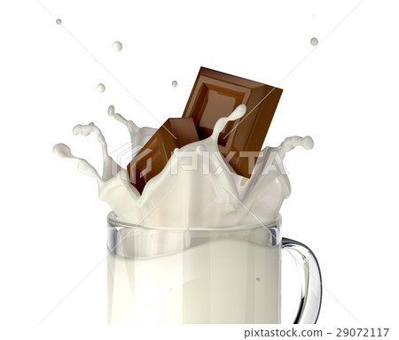 Two chocolate blocks falling into a glass mug full of fresh milk, splashing. Two chocolate blocks falling into a glass mug full of fresh milk, splashing. 29072117